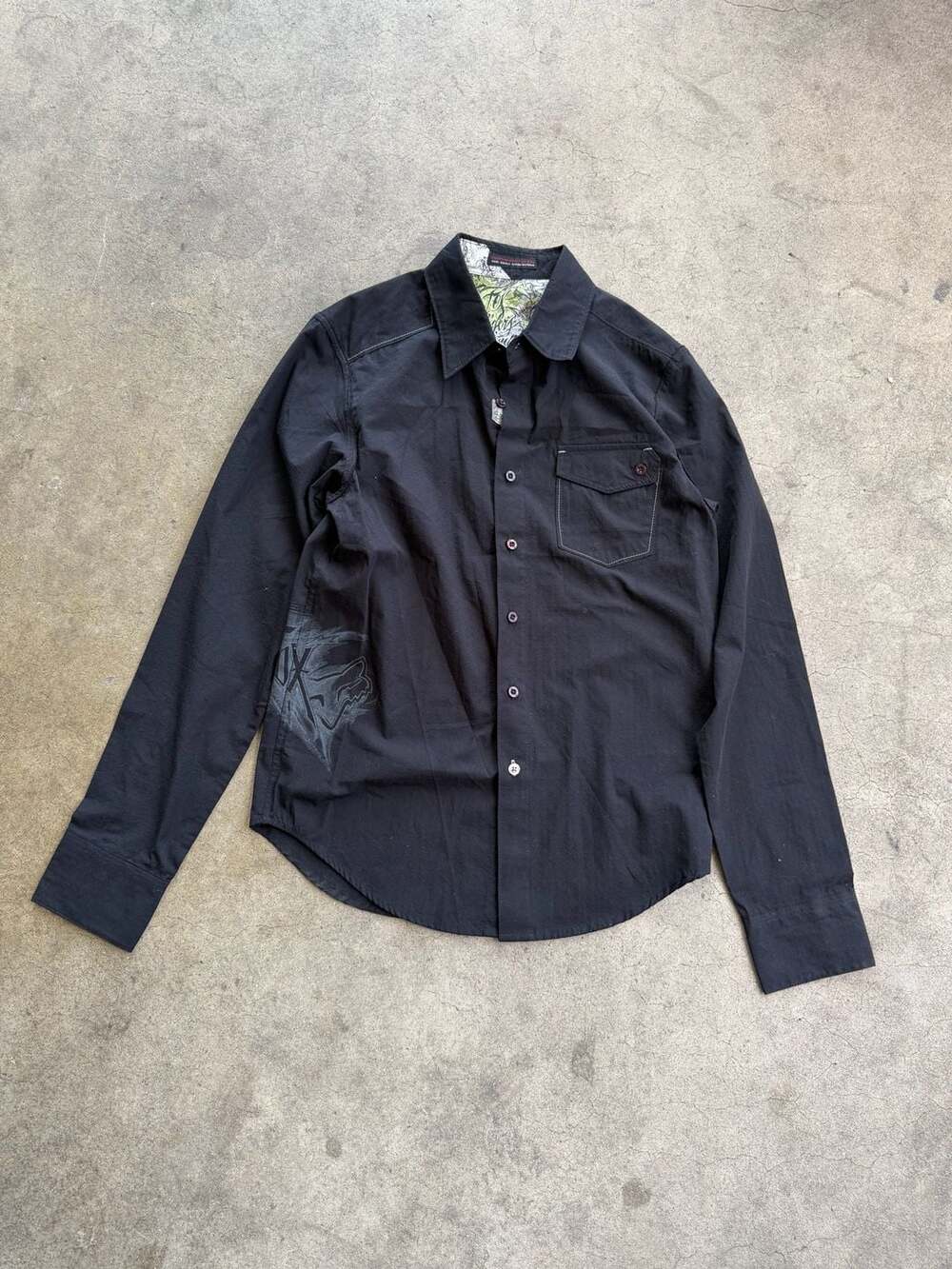 Fox Riders Company Men's Black Long Sleeve Button-Up Shirt with Graphic Detail